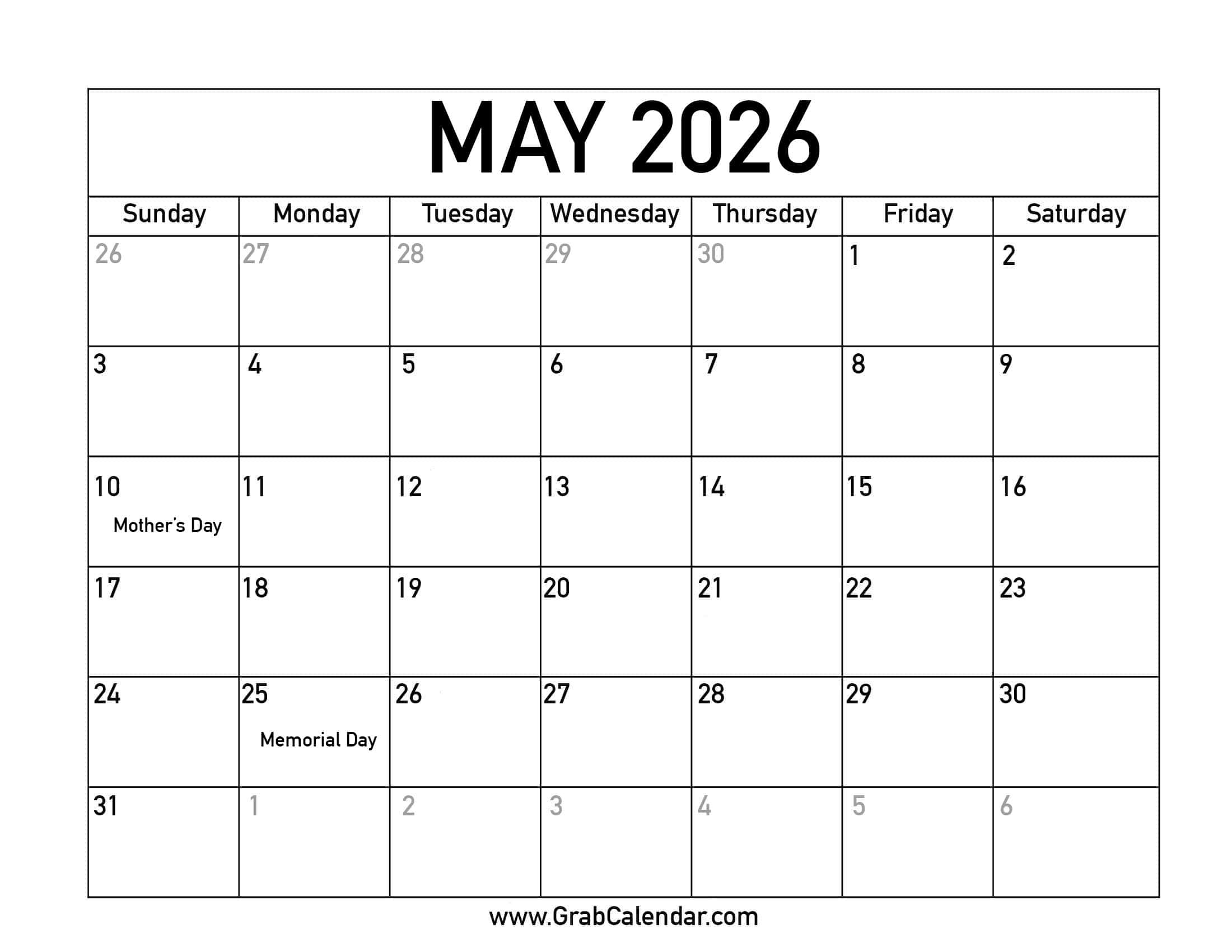 Printable May 2026 Calendar