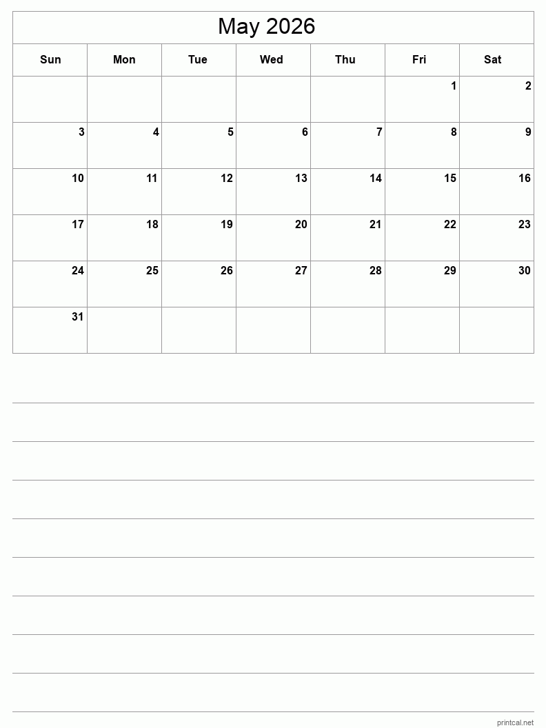 Printable May 2026 Calendar Half Page With Notesheet