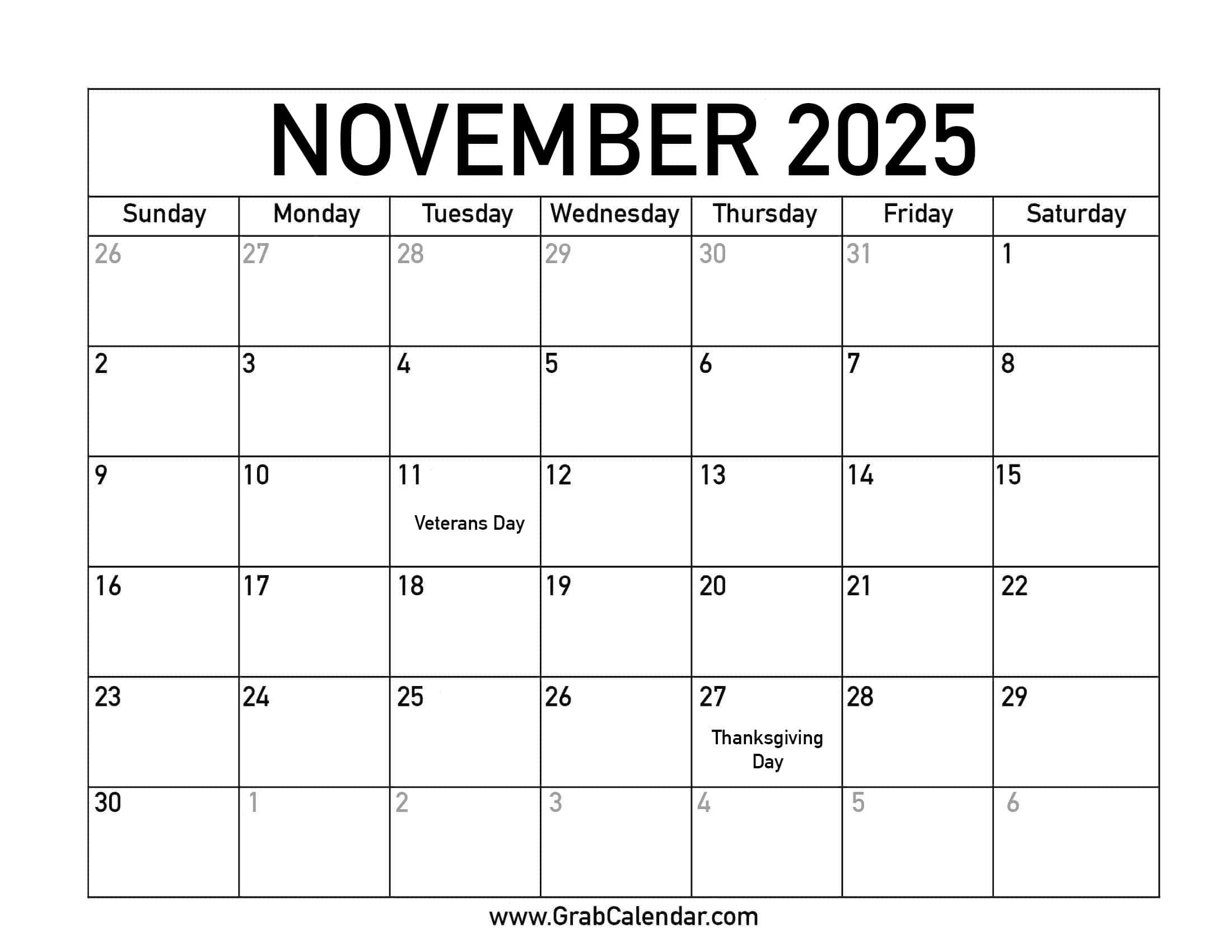 Calendar For November 2025 With Holidays