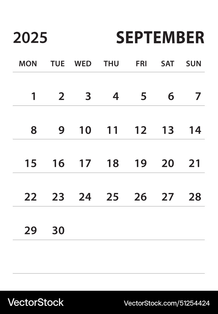 September 2025 calendar 2025 Template Royalty Free Vector