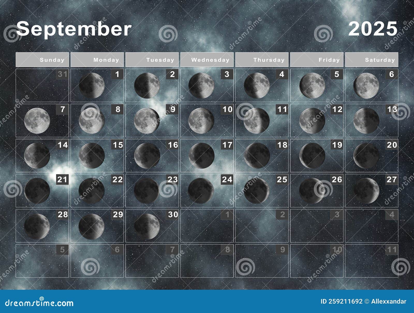 September 2025 Lunar Calendar Moon Cycles Stock Illustration Illustration Of Galaxy Moon 259211692