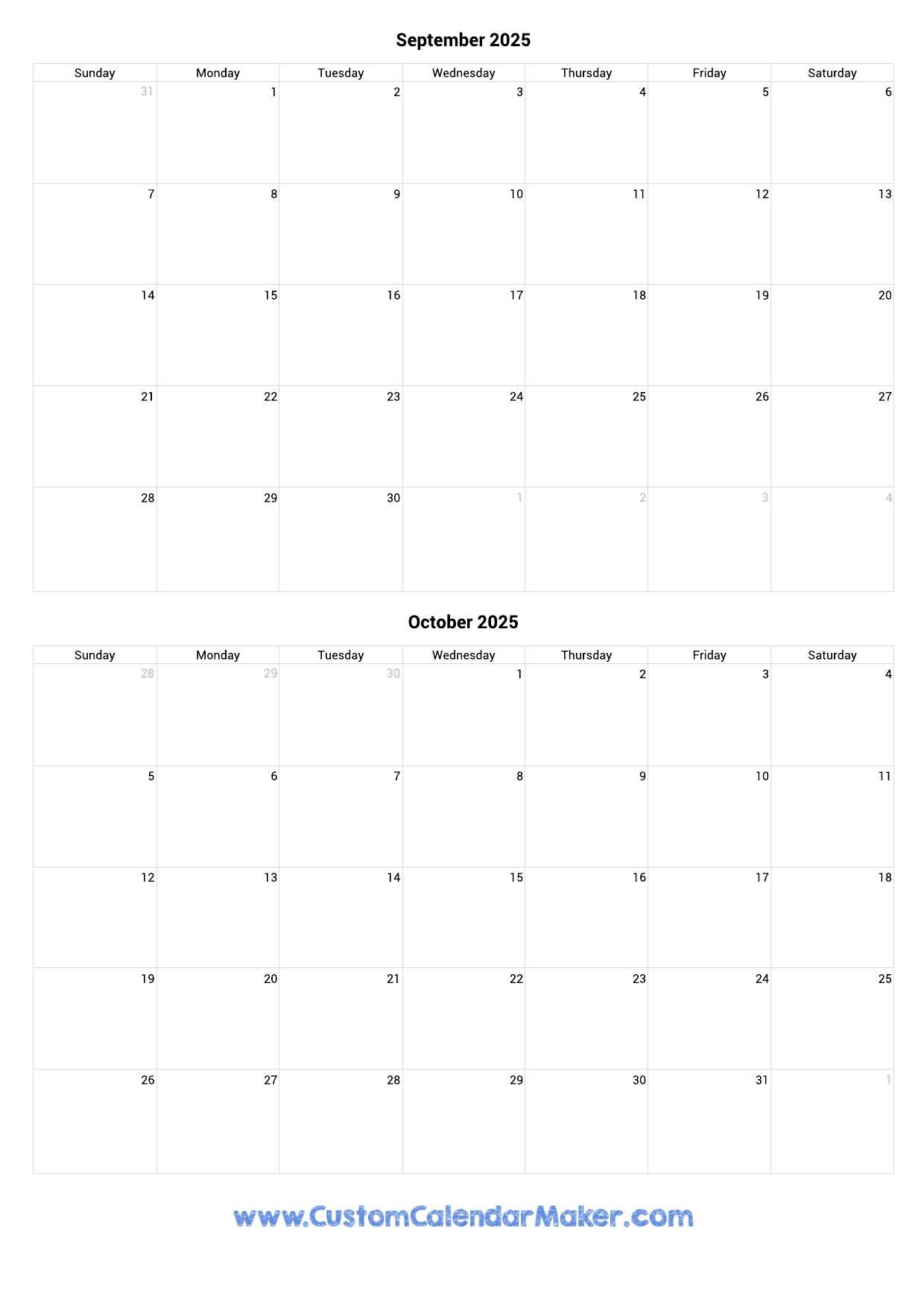September/October 2025 Calendar