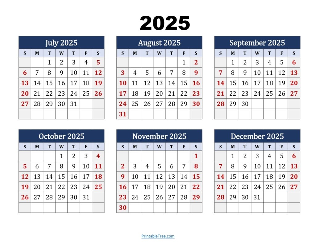 July To December 2025 Calendar