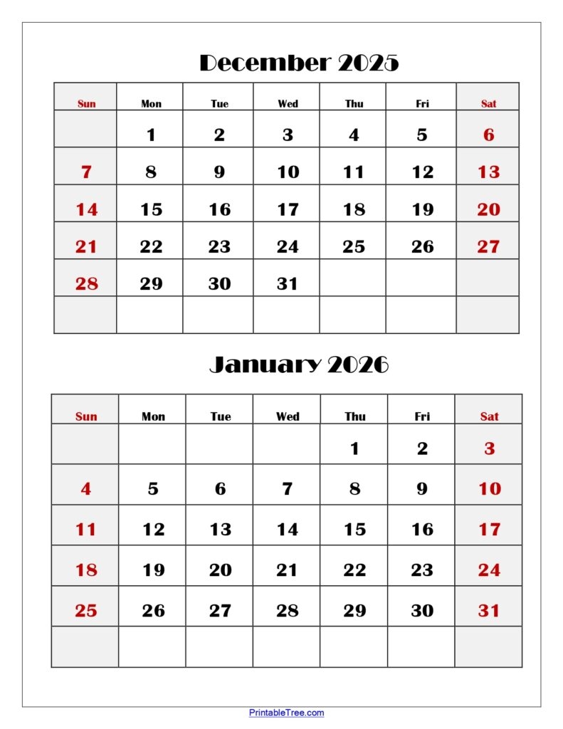 December 2025 January 2026 Calendar